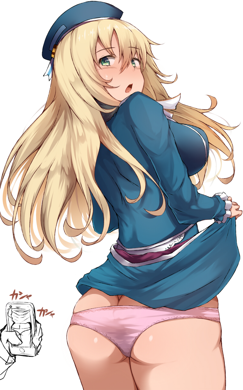 1girl ass atago_(kantai_collection) beret blonde_hair breasts butt_crack cellphone dress dress_lift from_behind green_eyes hat highres kantai_collection large_breasts lifted_by_self lips long_hair military military_uniform moruta_(sunu-pio) open_mouth phone skindentation thighs tongue uniform