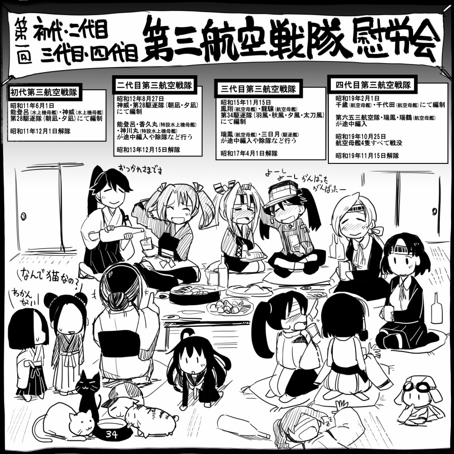 6+girls cat chitose_(kantai_collection) chiyoda_(kantai_collection) commentary_request drink fairy_(kantai_collection) food greyscale houshou_(kantai_collection) kantai_collection mikazuki_(kantai_collection) monochrome multiple_girls pouring ryuujou_(kantai_collection) sakazaki_freddy seiza sitting translation_request zuihou_(kantai_collection) zuikaku_(kantai_collection)