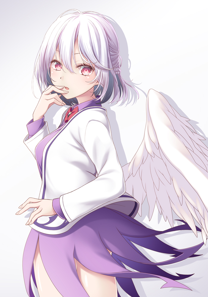 1girl :o ahoge alternate_eye_color angel_wings arm_up bangs bow bowtie braid collared_dress dress eyebrows_visible_through_hair eyelashes fingernails fingers french_braid gradient gradient_background grey_wings hair_between_eyes half_updo jacket kishin_sagume long_sleeves looking_at_viewer midorino_eni open_mouth purple_dress red_bow red_bowtie red_neckwear shiny shiny_hair shiny_skin short_hair silhouette silver_hair single_wing solo suit_jacket thighs touhou vest violet_eyes white_jacket wing_collar wings