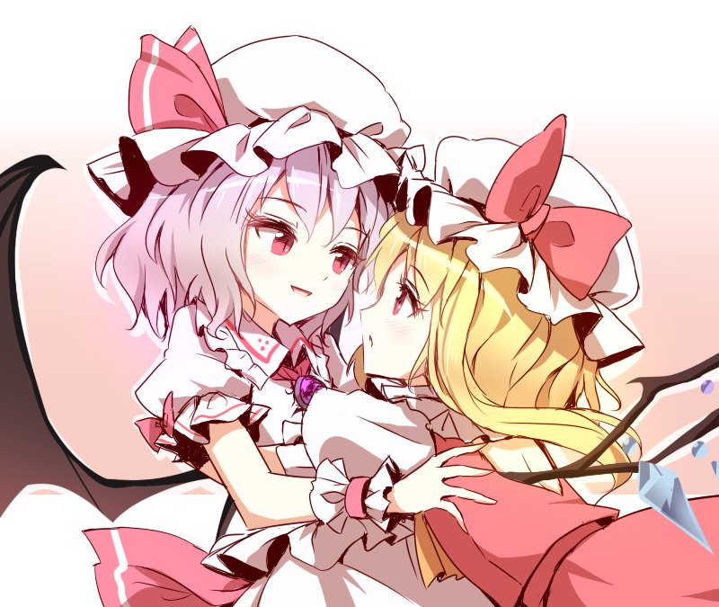 2girls bat_wings blonde_hair blush bow commentary_request face-to-face flandre_scarlet gem hat hat_bow hat_ribbon incest looking_at_another miko_embrace minust mob_cap multiple_girls open_mouth purple_hair red_bow red_eyes red_ribbon remilia_scarlet ribbon siblings sisters touhou wings wrist_cuffs yuri