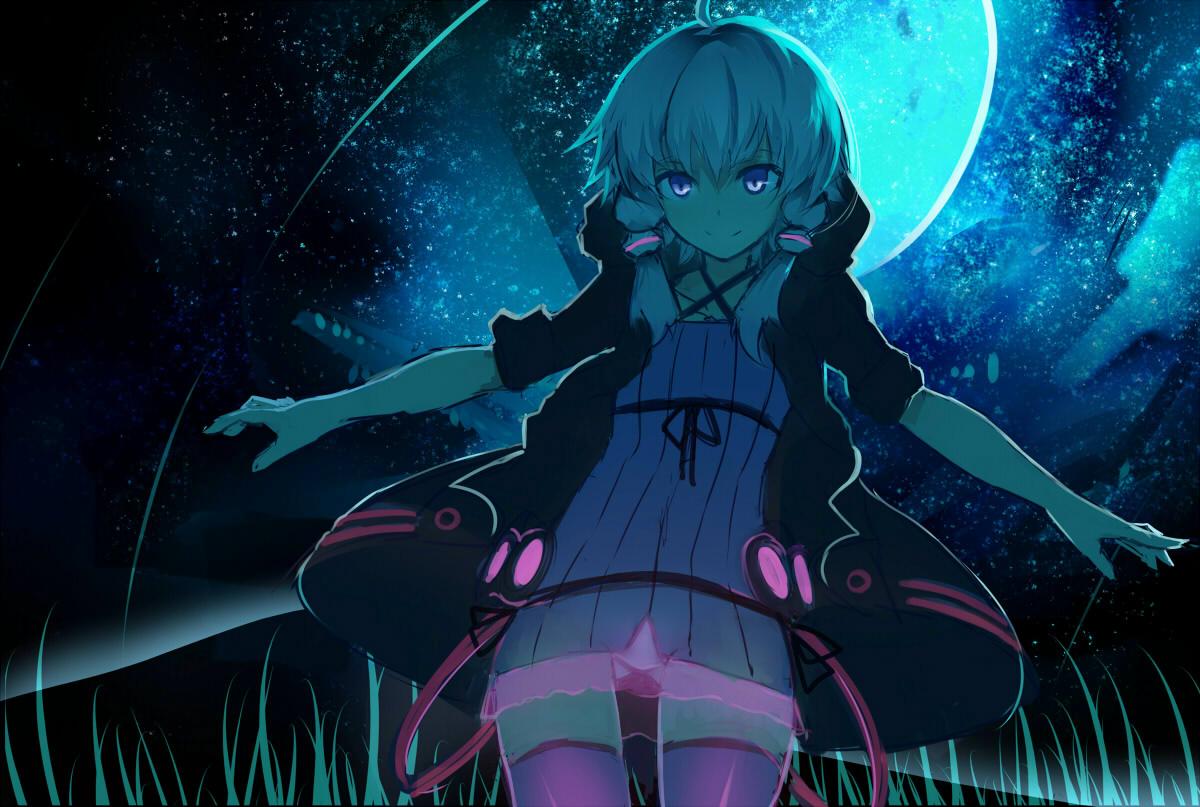 1girl ahoge bangs chiruru96 closed_mouth cowboy_shot dress full_moon gluteal_fold hair_tubes hood hood_down hoodie looking_at_viewer low_twintails moon night night_sky open_clothes open_hoodie outstretched_arms purple_legwear short_dress sky smile solo spread_arms star_(sky) starry_sky striped thigh-highs twintails vertical-striped_dress vertical_stripes violet_eyes vocaloid voiceroid white_hair yuzuki_yukari