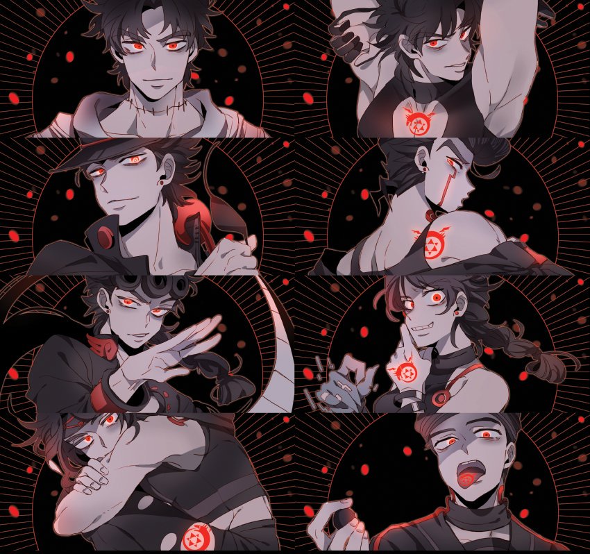 black_hair braid chains dark_persona dixie_cup_hat earrings evil_grin evil_smile fullmetal_alchemist gakuran giorno_giovanna glowing grin groin halter_top halterneck hat higashikata_jousuke higashikata_jousuke_(jojolion) jewelry johnny_joestar jojo_no_kimyou_na_bouken jojo_pose jojolion jonathan_joestar joseph_joestar_(young) kuujou_jolyne kuujou_joutarou military_hat ouroboros pompadour pose red_eyes scar school_uniform senzzang single_braid smile steel_ball_run stud_earrings tank_top tongue tongue_out torn_clothes