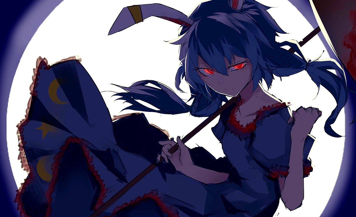 1girl ambiguous_red_liquid animal_ears backlighting bangs blue_dress blue_hair chiruru96 closed_mouth collarbone crescent dress ear_clip full_moon kine long_hair looking_at_viewer mallet moon moonlight puffy_short_sleeves puffy_sleeves rabbit_ears red_eyes seiran_(touhou) short_sleeves solo star touhou twintails