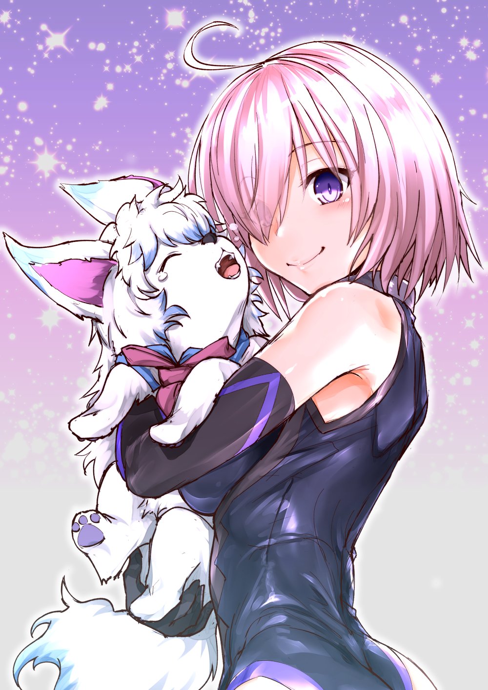 1girl ahoge ass blush breasts creature elbow_gloves fate/grand_order fate_(series) fou_(fate/grand_order) ganari_ryuu gloves hair_over_one_eye highres large_breasts looking_at_viewer purple_hair shielder_(fate/grand_order) short_hair smile solo violet_eyes