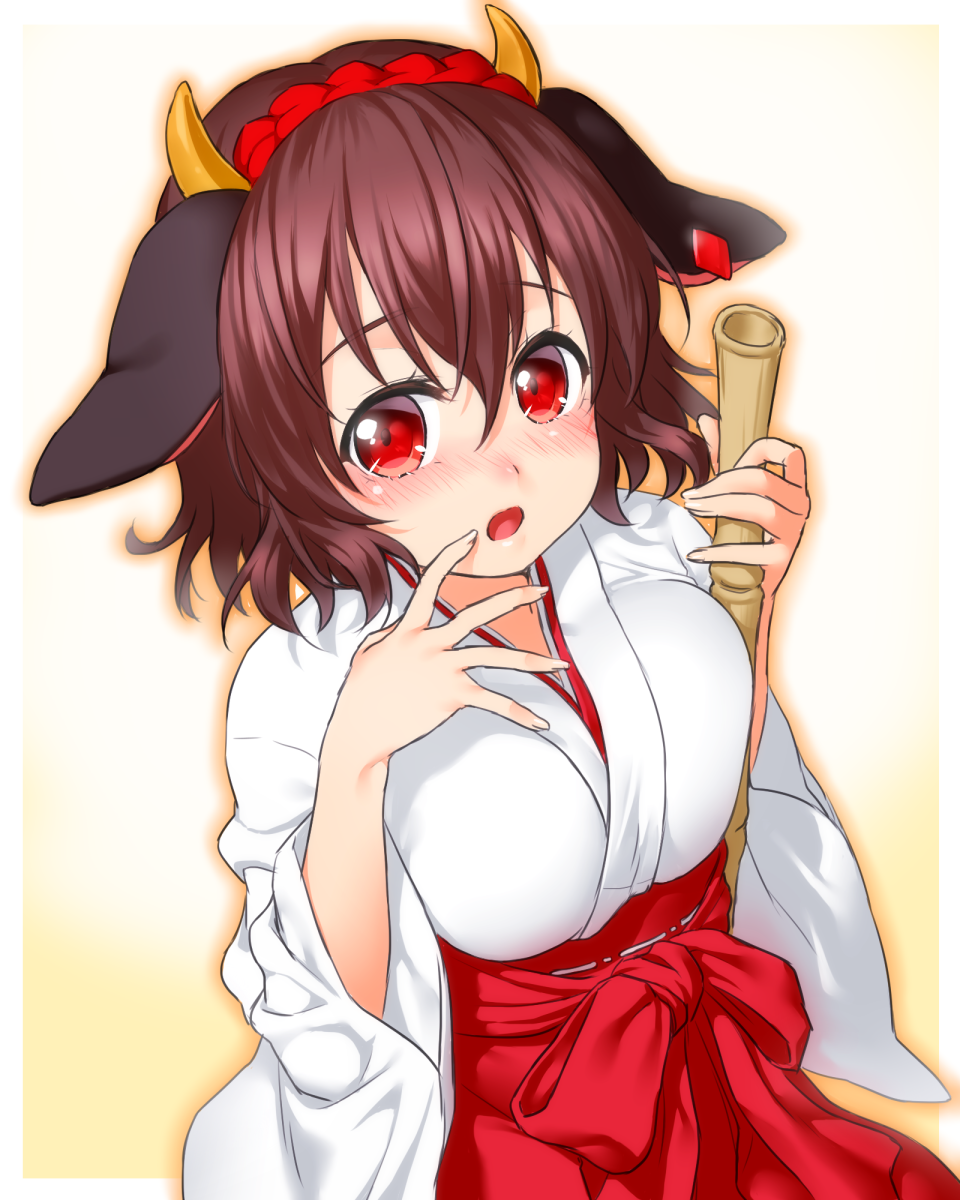 1girl :o animal_ears bamboo_broom bangs blush breasts broom brown_hair cow_ears diamond_(shape) ear_piercing eyelashes fingernails from_above hair_between_eyes hairband hakama hand_to_own_mouth highres holding holmy_(show_by_rock!!) horns japanese_clothes looking_at_viewer miko onsoku_maru open_mouth outside_border piercing red_eyes red_hakama ribbon_trim short_hair show_by_rock!! solo spread_fingers unaligned_breasts upper_body v-neck white_background white_border wide_sleeves