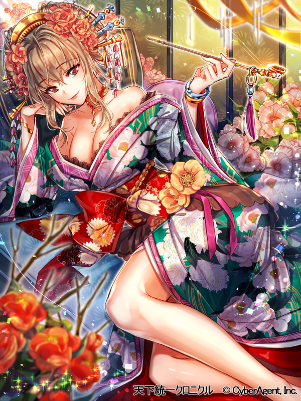 1girl bare_shoulders blonde_hair breasts brown_eyes choker cleavage comb floral_print flower full_body gem gold hair_flower hair_ornament hand_on_own_cheek head_rest holding interitio japanese_clothes jewelry kanzashi kimono kiseru lace legs long_hair looking_at_viewer lying makeup obi off_shoulder official_art oiran on_side original pipe sash sidelocks solo sparkle tassel tenka_touitsu_chronicle