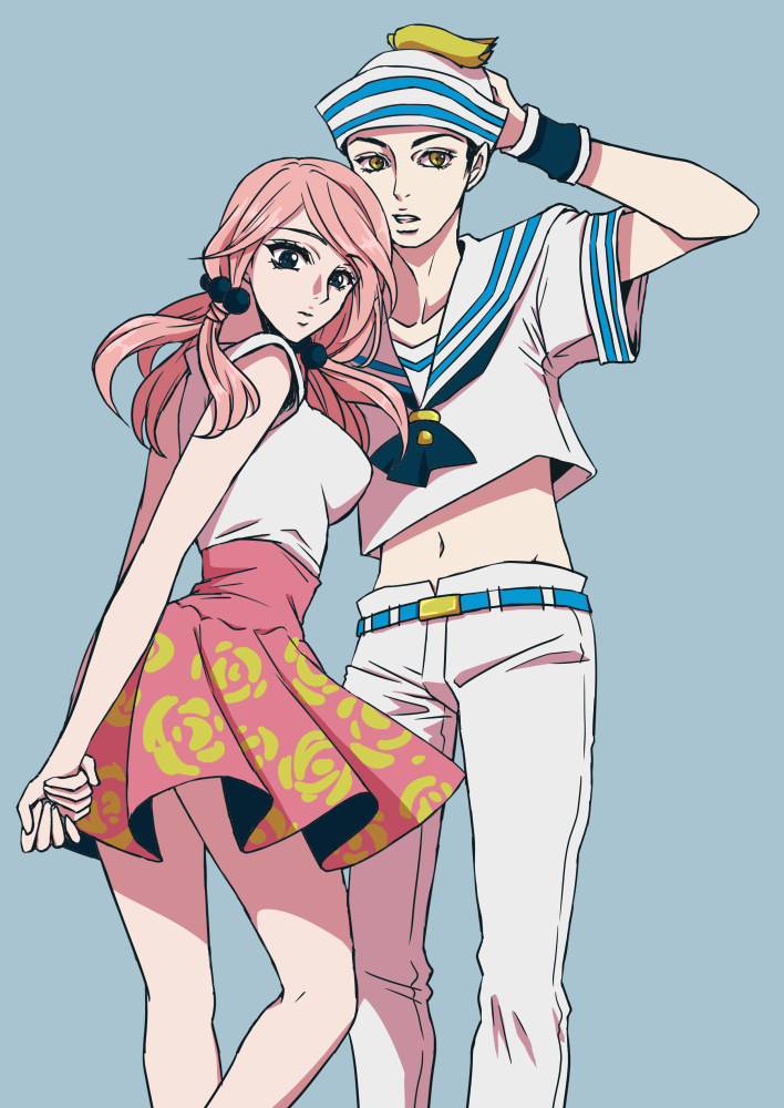 1boy 1girl arms_behind_back belt black_eyes black_hair breasts brown_eyes dixie_cup_hat groin hair_bobbles hair_ornament hand_on_own_head hat higashikata_jousuke_(jojolion) hirose_yasuho jojo_no_kimyou_na_bouken jojolion large_breasts looking_at_viewer midriff military_hat miniskirt navel pink_hair sailor skirt umino_mo_kuzu wristband