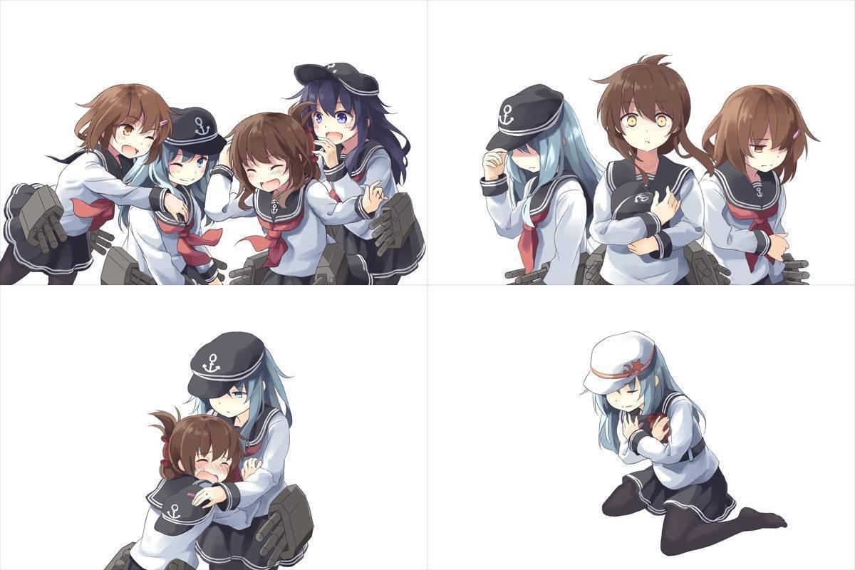 4girls akatsuki_(kantai_collection) black_legwear blue_eyes blush brown_eyes brown_hair closed_eyes collage covering_eyes crying flat_cap grey_hair hat hibiki_(kantai_collection) hug ikazuchi_(kantai_collection) inazuma_(kantai_collection) kantai_collection multiple_girls niichi_(komorebi-palette) one_eye_closed open_mouth pantyhose purple_hair sad sailor sailor_hat school_uniform serafuku source_request verniy_(kantai_collection) violet_eyes white_hair worried yellow_eyes