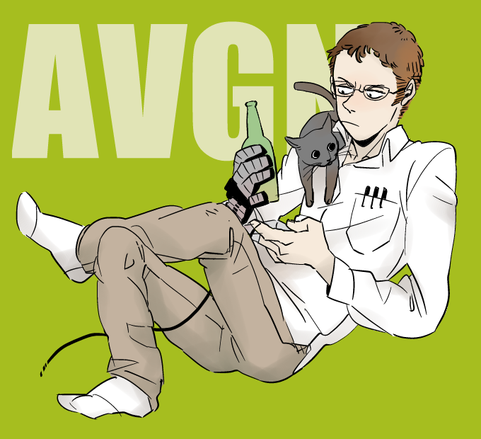 alcohol angry angry_video_game_nerd artist_request avgn beer beer_bottle brown_hair cable cat controller game_controller gamepad glasses james_rolfe power_glove short_hair sitting sketch socks