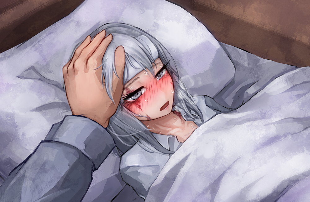 1girl blush breath burn_scar commentary dorei_to_no_seikatsu_~teaching_feeling~ dress_shirt grey_eyes half-closed_eyes hand_on_another's_head long_hair looking_at_viewer lying official_art on_bed parted_lips ray-k scar shirt sick silver_hair solo_focus sweat sweating_profusely sylvie_(dorei_to_no_seikatsu) towel towel_on_head under_covers