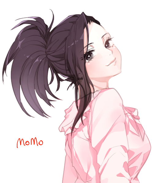 1girl arms_at_sides black_eyes black_hair boku_no_hero_academia breasts casual character_name closed_mouth eyelashes frills from_side head_tilt high_ponytail long_sleeves looking_at_viewer medium_breasts ponytail saran side_glance simple_background smile solo upper_body white_background yaoyorozu_momo