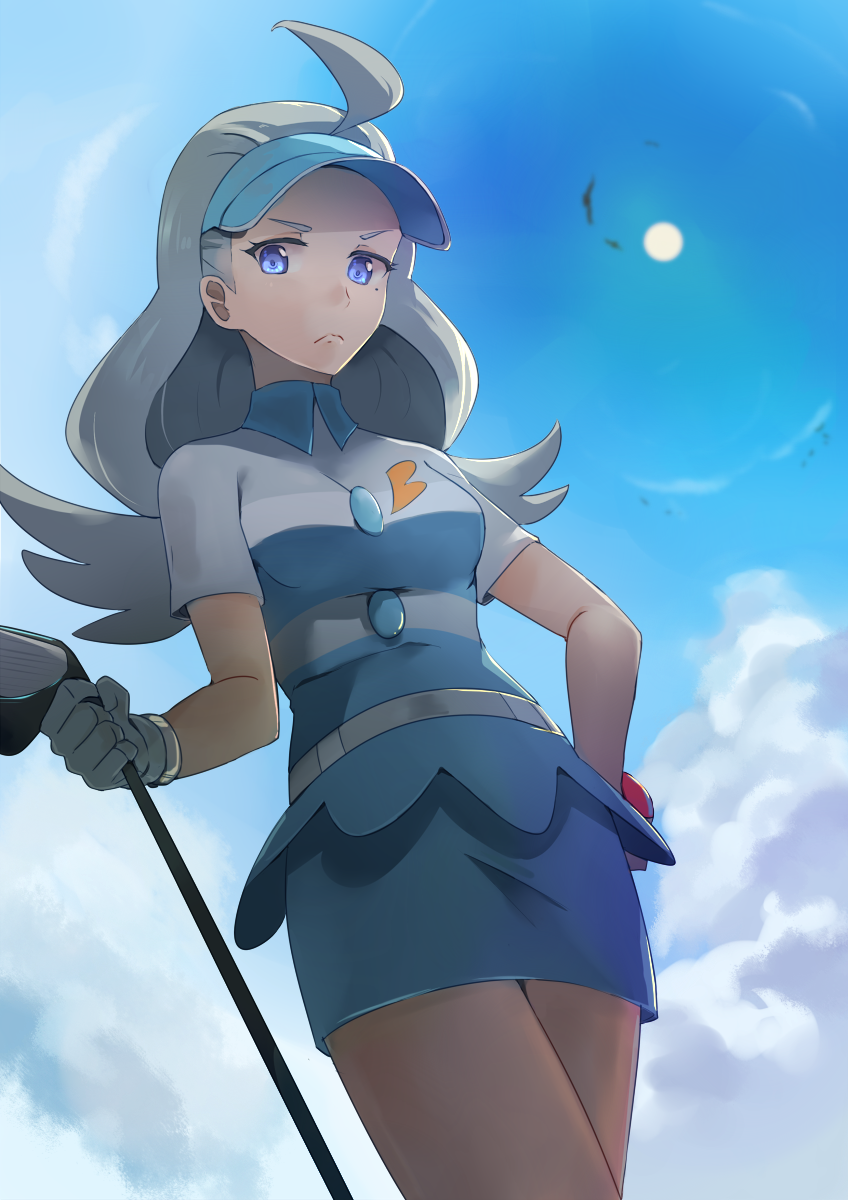 1girl bird blue_eyes blue_hair breasts closed_mouth clouds cropped_legs elite_four from_below golf_club hand_on_hip highres holding holding_golf_club holding_poke_ball kahili_(pokemon) long_hair looking_at_viewer poke_ball pokemon pokemon_(game) pokemon_sm shirt short_sleeves skirt sky solo standing sun thighs visor_cap