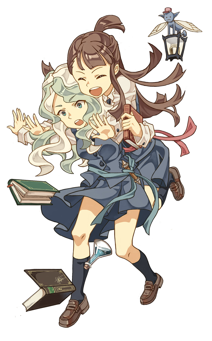 &gt;_&lt; 2girls :d akko_kagari black_legwear blonde_hair blue_eyes book bottle brown_hair brown_shoes cheese_kang closed_eyes curly_hair d: diana_cavendish fairy fairy_wings half_updo highres hug hug_from_behind lantern little_witch_academia long_hair multicolored_hair multiple_girls open_mouth round_teeth school_uniform shoes smile straight_hair surprised teeth two-tone_hair wings xd