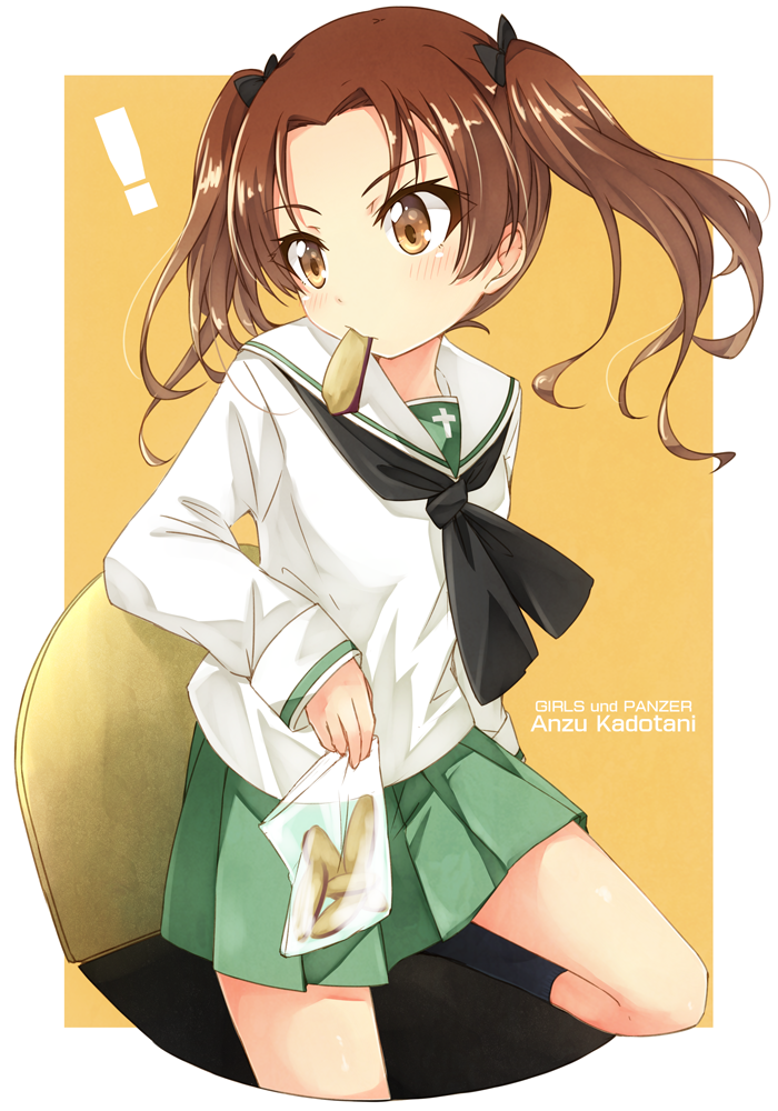 ! 1girl bag bangs blush bow brown_eyes brown_hair character_name commentary_request copyright_name food food_in_mouth girls_und_panzer green_skirt hair_bow hatch kadotani_anzu parted_bangs plastic_bag pleated_skirt school_uniform simple_background skirt solo sweet_potato twintails umino_mokuzu_(shizumisou) yellow_background