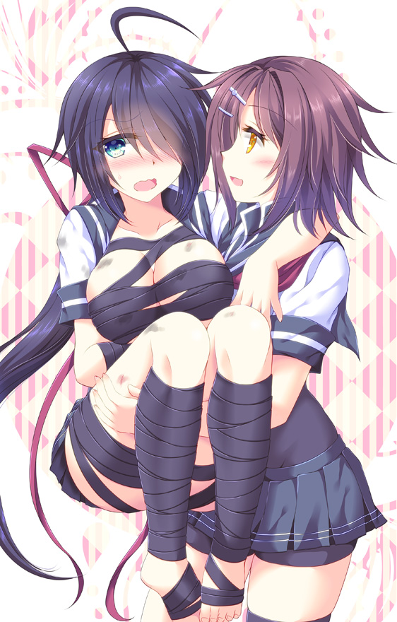 2girls ahoge ankle_wraps arm_around_neck bangs barefoot black_hair black_skirt blue_eyes blush bodysuit breasts brown_hair carrying collarbone furutaka_(kantai_collection) hair_ornament hairclip kako_(kantai_collection) kantai_collection large_breasts long_hair messy_hair miniskirt multiple_girls open_clothes open_mouth open_shirt parted_bangs pleated_skirt ponytail princess_carry remodel_(kantai_collection) sailor_collar school_uniform serafuku shirt short_hair short_sleeves single_thighhigh skirt smile tamagawa_yukimaru thigh-highs yellow_eyes zettai_ryouiki