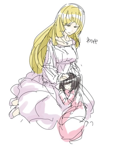 2girls artist_request black_hair blonde_hair breasts closed_eyes collarbone dress fine_(symphogear) half-closed_eyes hand_on_another's_head high_heels hime_cut jewelry lap_pillow long_hair long_sleeves looking_at_another low_neckline lowres lying medium_breasts multiple_girls pendant pink_dress senki_zesshou_symphogear shoes sidelocks sitting source_request text translation_request tsukuyomi_shirabe twintails very_long_hair white_dress white_shoes yellow_eyes