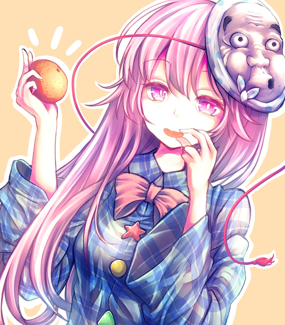 1girl breasts commentary_request food fruit holding holding_fruit long_hair long_sleeves mandarin_orange mask small_breasts solo t.m_(aqua6233) touhou wide_sleeves
