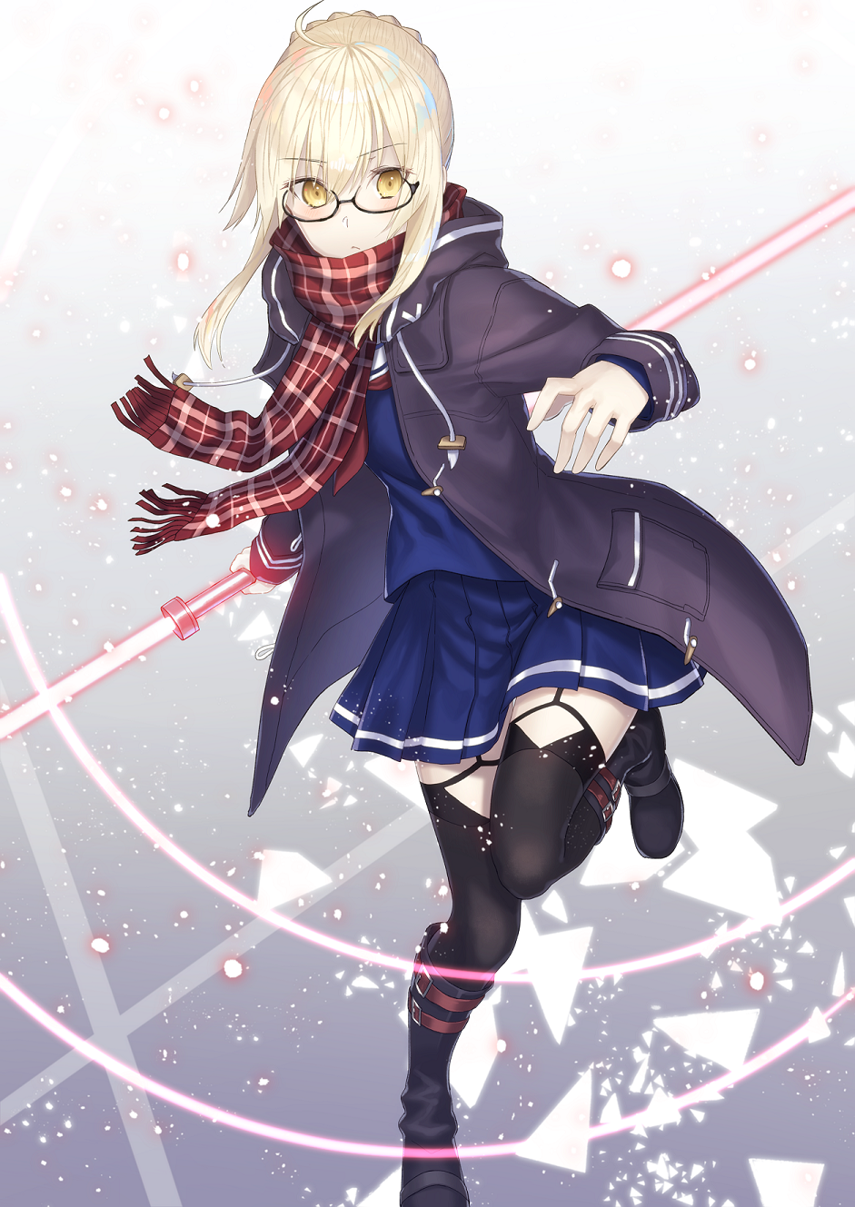 1girl blonde_hair boots coat energy_sword fate/grand_order fate_(series) glasses heroine_x_(alter) highres hood hooded_jacket jacket lip-mil miniskirt scarf school_uniform skirt solo sword thigh-highs unbuttoned weapon yellow_eyes zettai_ryouiki