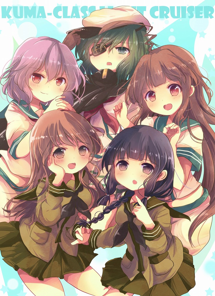 5girls adjusting_clothes adjusting_hat ahoge black_hair blue_eyes blush braid breasts brown_gloves brown_hair cape character_name commentary_request english eyebrows_visible_through_hair eyepatch gloves green_hair green_jacket green_skirt hand_on_own_cheek hat jacket kantai_collection kiso_(kantai_collection) kitakami_(kantai_collection) kuma_(kantai_collection) long_hair long_sleeves looking_at_viewer medium_breasts midriff multiple_girls nanahamu ooi_(kantai_collection) open_mouth pink_hair pleated_skirt red_eyes sailor_collar short_hair short_sleeves skirt smile tama_(kantai_collection) white_hat