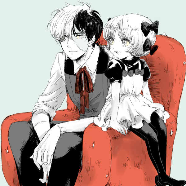 1boy 1girl :d armchair bangs black_hair black_jack_(character) black_jack_(series) blue_background blush bowl_cut buttons chair collar collared_shirt dress eye_contact eyelashes fingernails full_body hair_ornament hair_ribbon hands_on_own_knees light_smile looking_at_another multicolored_hair no_shoes open_mouth pants pantyhose parted_bangs pinafore_dress pinoko puffy_short_sleeves puffy_sleeves ribbon scar sekawa_(krk) shirt short_hair short_sleeves simple_background sitting sleeves_folded_up smile spot_color stitches teeth two-tone_hair vest white_hair white_skin