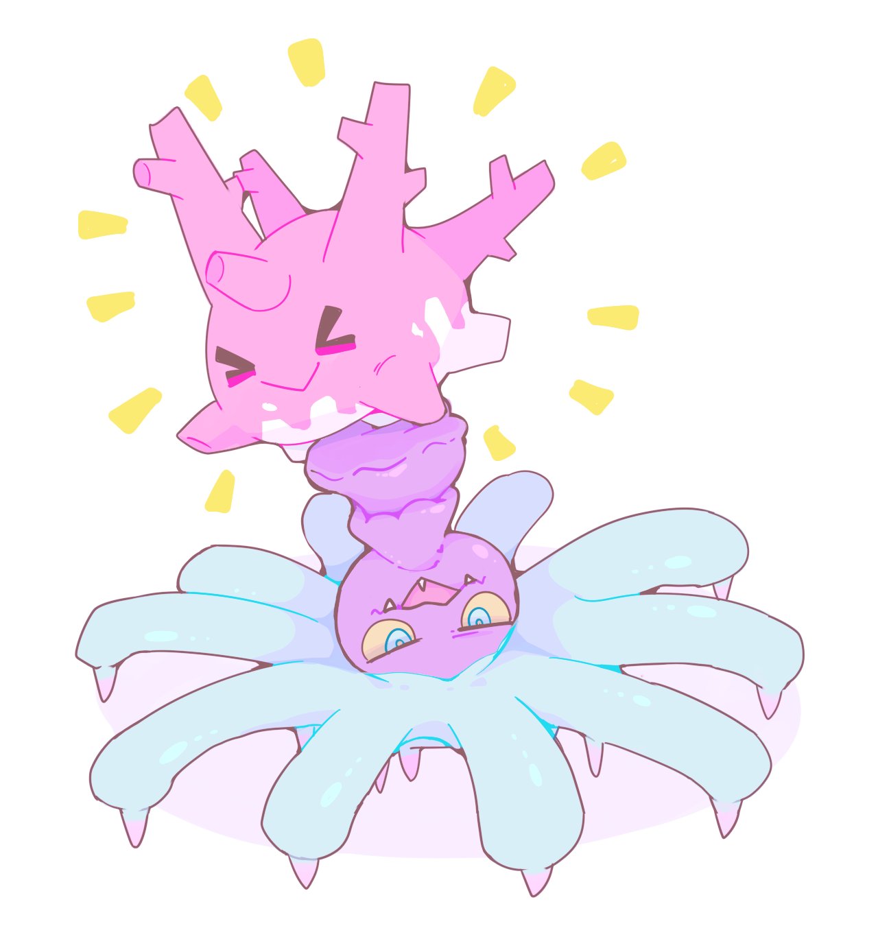 &gt;_&lt; closed_eyes closed_mouth corsola half-closed_eyes highres mareanie no_humans open_mouth pokemon pokemon_(creature) pokemon_(game) pokemon_sm sharp_teeth simple_background smile spike spikes teeth upside-down white_background