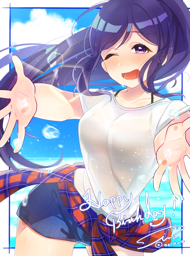 1girl ;d blue_hair blush bra breasts clothes_around_waist commentary_request happy_birthday long_hair long_ponytail looking_at_viewer love_live! love_live!_sunshine!! matsuura_kanan medium_breasts one_eye_closed open_mouth outstretched_arms plaid plaid_shirt ponytail see-through shima_(mahirooon) shirt shirt_around_waist short_shorts shorts sidelocks signature smile solo sparkle spread_arms twitter_username underwear violet_eyes water_drop white_shirt