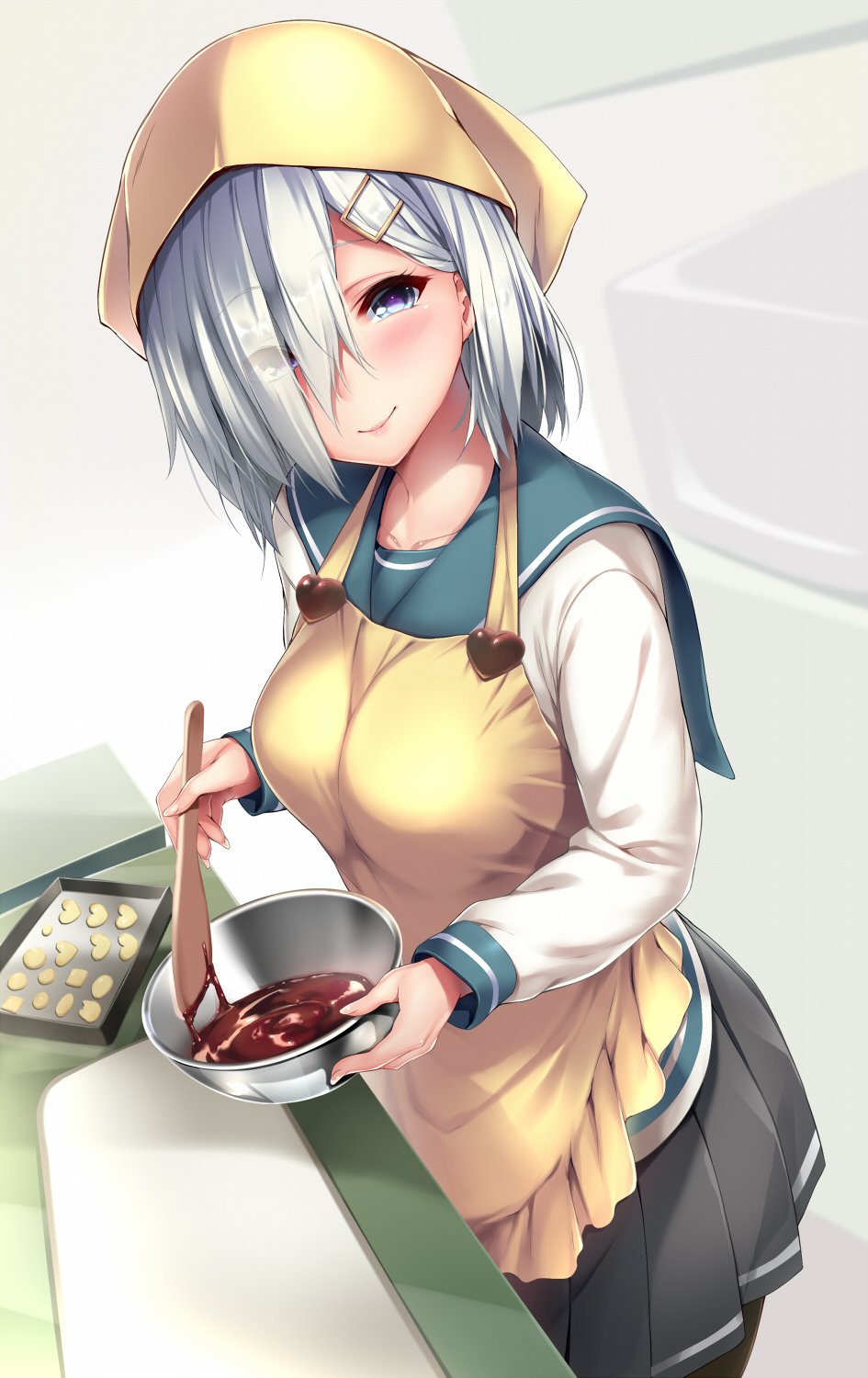 1girl apron breasts chocolate collarbone commentary cookie cooking eyes_visible_through_hair food from_above grey_skirt hair_ornament hair_over_one_eye hairclip hamakaze_(kantai_collection) head_scarf heart_button highres holding holding_spoon kantai_collection kitchen lips long_sleeves looking_at_viewer medium_breasts nironiro pleated_skirt pot school_uniform serafuku short_hair silver_hair skirt smile solo table