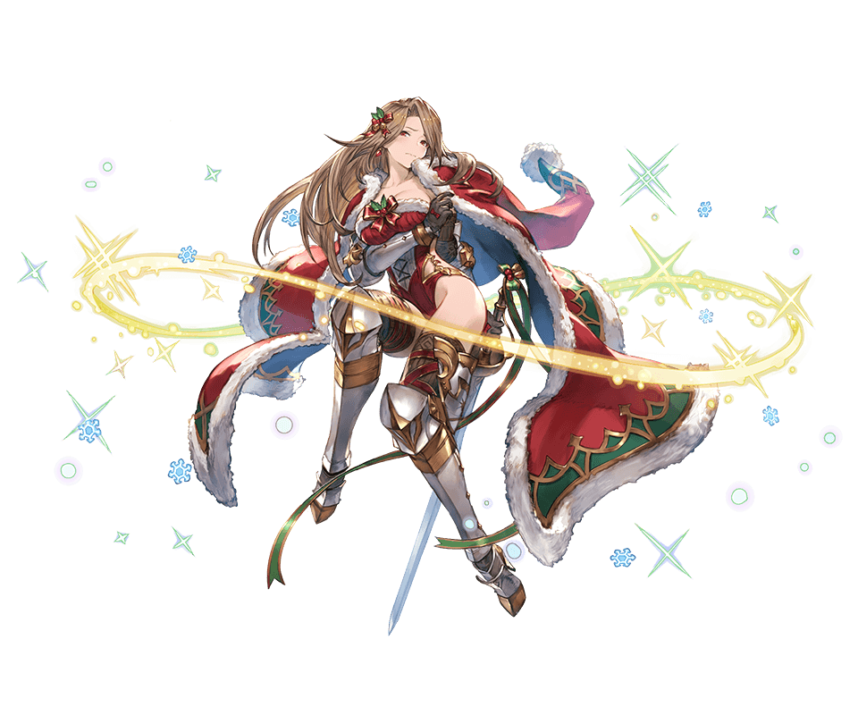 1girl armor armored_boots bare_legs boots bow breasts brown_hair cape catalina_(granblue_fantasy) earrings embarrassed full_body fur_trim gloves granblue_fantasy hair_bow hair_ornament highleg highleg_leotard jewelry leotard long_hair looking_at_viewer minaba_hideo official_art red_cape santa_costume solo sparkle strapless strapless_leotard sword thigh-highs transparent_background weapon