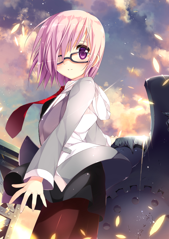 1girl bangs black-framed_eyewear black_dress black_legwear blush closed_mouth clouds cloudy_sky commentary_request cowboy_shot day dress fate/grand_order fate_(series) from_side glasses hair_over_one_eye hood hoodie lavender_hair light_particles looking_at_viewer looking_to_the_side necktie one_eye_covered outdoors outstretched_arm pantyhose pink_hair red_necktie shield shielder_(fate/grand_order) shimesaba_kohada shiny shiny_clothes shiny_hair short_hair sky solo standing violet_eyes wind