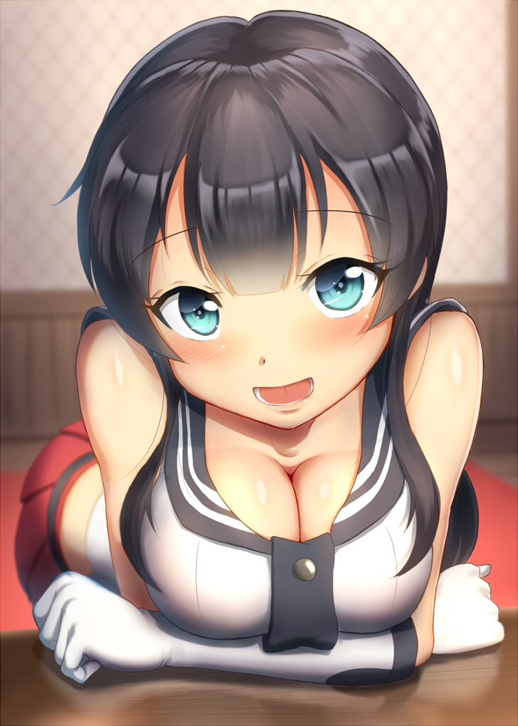 1girl :d agano_(kantai_collection) aqua_eyes arm_support bangs bare_shoulders black_hair blunt_bangs blush breasts buttons cleavage elbow_gloves eyebrows gloves indoors kantai_collection large_breasts leaning_forward long_hair looking_at_viewer maku_ro open_mouth pleated_skirt red_skirt shiny shiny_skin sidelocks skirt smile solo straight_hair tareme vest white_gloves white_vest
