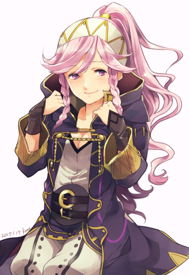 1girl adjusting_clothes braid breasts cleavage coat cosplay dated fire_emblem fire_emblem:_kakusei hairband happy_birthday hood kona_(silent913) long_hair my_unit my_unit_(cosplay) my_unit_(fire_emblem:_kakusei) olivia_(fire_emblem) open_clothes open_coat pink_hair ponytail signature smile solo twin_braids white_background