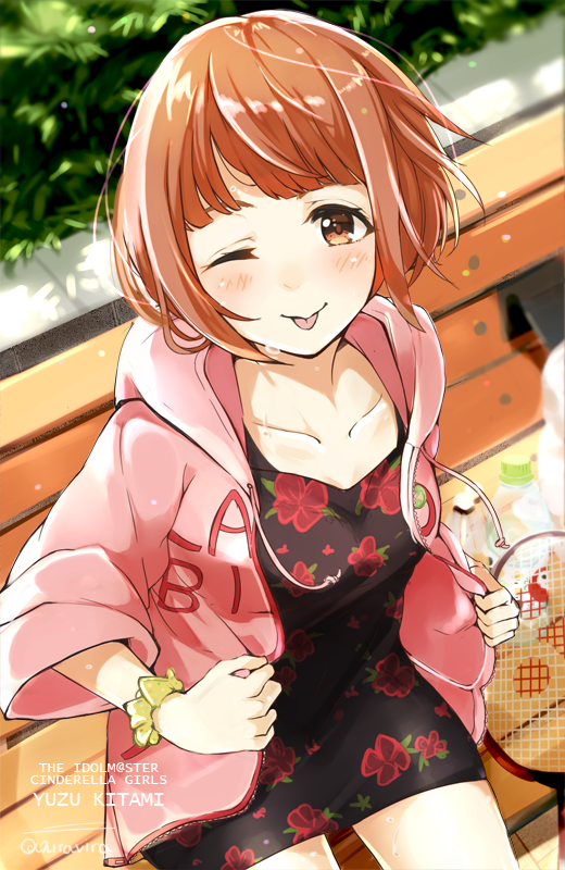 1girl ;p badminton_racket bench blush breasts brown_eyes brown_hair collarbone hood hoodie idolmaster idolmaster_cinderella_girls kitami_yuzu nira_(vira) one_eye_closed racket short_hair smile solo tongue tongue_out watermark