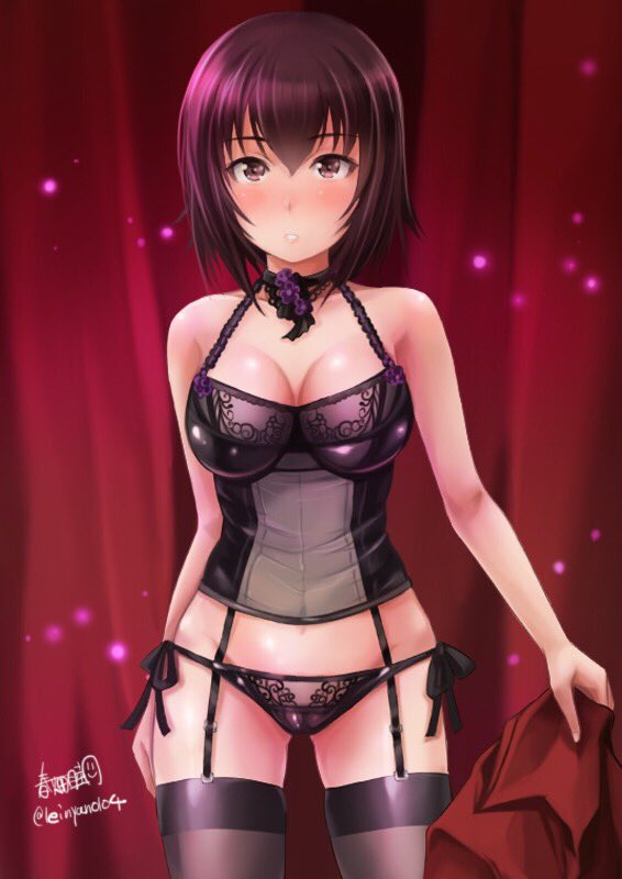 1girl artist_name bangs black_legwear black_panties blush breasts brown_eyes brown_hair bustier choker closed_mouth cowboy_shot curtains garter_straps girls_und_panzer haruhata_mutsuki holding_clothes lingerie looking_at_viewer medium_breasts nishizumi_maho panties shirt short_hair side-tie_panties signature solo standing thigh-highs twitter_username underwear