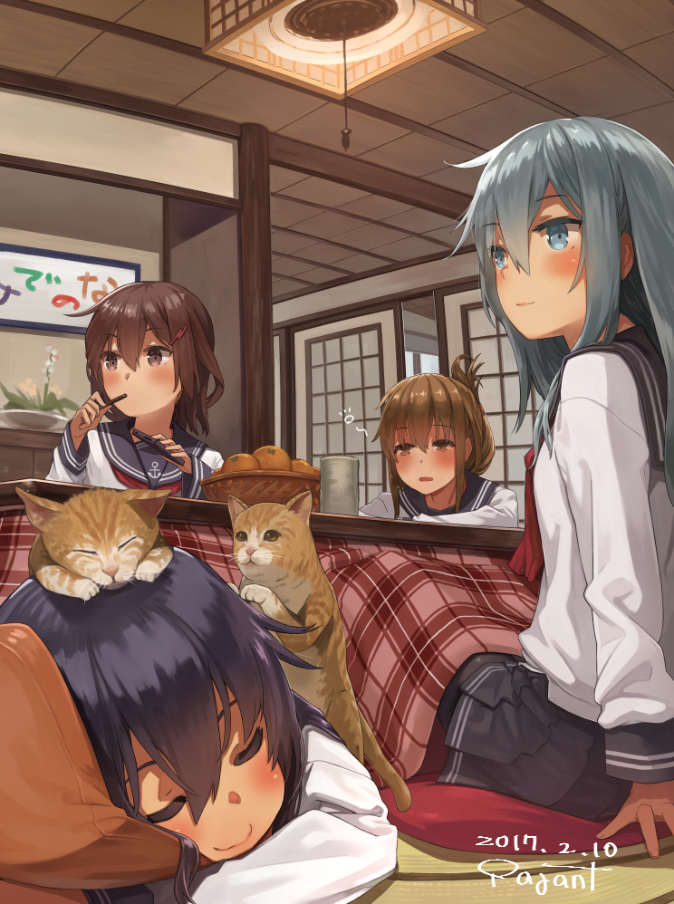 2017 4girls akatsuki_(kantai_collection) anchor_symbol animal animal_on_head arm_rest bangs basket blouse blue_eyes blush breasts brown_eyes brown_hair cat cat_on_head ceiling ceiling_light closed_eyes closed_mouth controller cup cushion dated drowsy eyebrows_visible_through_hair fighting_stance folded_ponytail food fruit hair_between_eyes hair_ornament hairclip hibiki_(kantai_collection) holding holding_pencil ikazuchi_(kantai_collection) inazuma_(kantai_collection) indoors kantai_collection kotatsu light_smile long_hair long_sleeves looking_at_viewer looking_away lying mandarin_orange miniskirt mouth_hold multiple_girls neckerchief no_hat no_headwear on_floor on_head on_stomach pajant parted_lips pencil pillow pillow_hug plaid plant pleated_skirt red_neckerchief remote_control school_uniform serafuku sidelocks signature silver_hair sitting skirt sleeping sliding_doors small_breasts smile table tatami under_kotatsu under_table vase wall wavy_mouth white_blouse yunomi