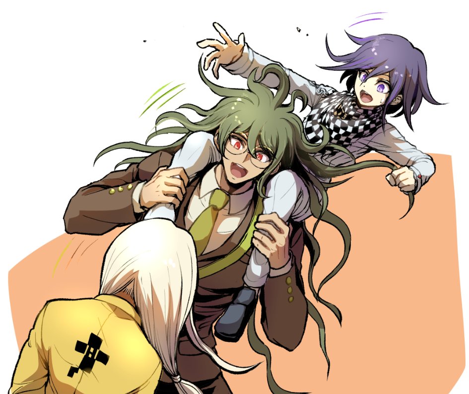 1girl 2boys blazer carrying checkered_scarf dangan_ronpa dark_skin dark_skinned_male ganguro glasses gokuhara_gonta green_hair head_tilt jacket leaning_to_the_side long_hair looking_at_another low_twintails multiple_boys new_dangan_ronpa_v3 ouma_kokichi purple_hair red_eyes round_glasses scarf school_uniform short_hair shoulder_carry silver_hair simple_background smile straitjacket twintails violet_eyes white_background yellow_jacket yonaga_angie youko-shima