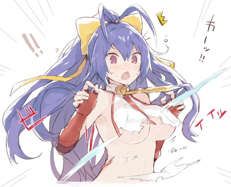 &gt;:o /\/\/\ 1girl :o antenna_hair armpits backless_outfit bangs bare_shoulders blazblue blazblue:_central_fiction blazblue_variable_heart blue_hair blush bow breasts chestnut_mouth cleavage embarrassed fingerless_gloves flying_sweatdrops genderswap genderswap_(mtf) gloves hair_between_eyes hair_bow halter_top halterneck hands_up kotori_bb large_breasts long_hair mai_natsume midriff navel no_bra open_mouth ponytail red_gloves revealing_clothes ribbon sideboob sidelocks simple_background solo standing surprised sweat sweatdrop tearing_clothes text torn_clothes translation_request under_boob upper_body very_long_hair violet_eyes wavy_mouth white_background wide-eyed yellow_bow