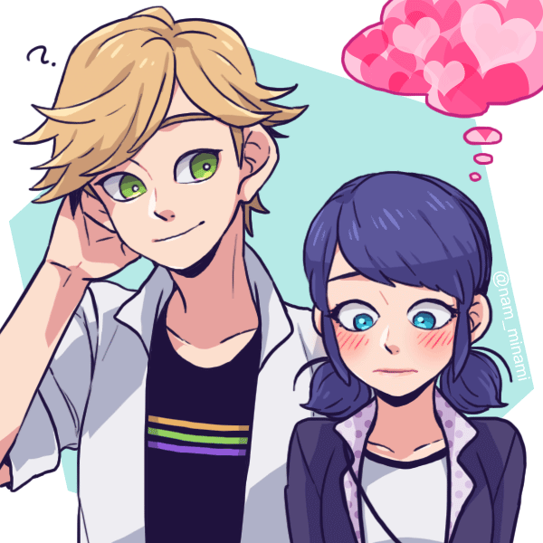 1boy 1girl ? adrien_agreste black_hair blonde_hair blue_eyes blush bright_pupils casual dramatica green_eyes hand_behind_head heart looking_down marinette_dupain-cheng miraculous_ladybug popped_collar short_twintails simple_background thought_bubble twintails white_background