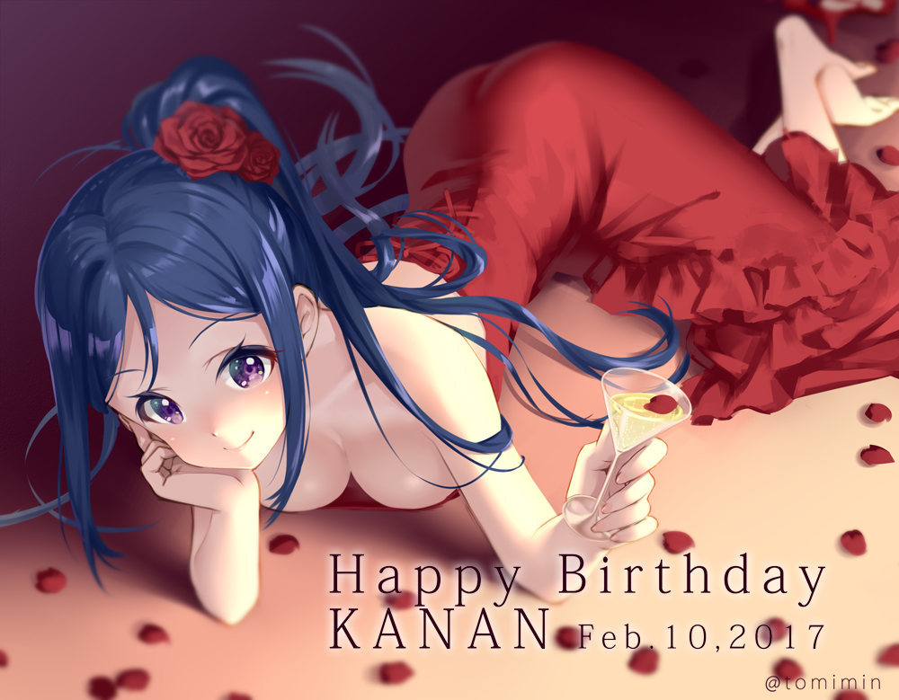 1girl 2017 alcohol back bare_arms bare_shoulders barefoot blue_hair blurry blush breasts character_name cleavage collarbone cross-laced_clothes crossed_ankles cup dated depth_of_field dress drink drinking_glass eyelashes flower frills glass gown hand_on_own_cheek happy_birthday head_rest high_heels high_ponytail holding long_dress long_hair love_live! love_live!_sunshine!! lying matsuura_kanan medium_breasts petals ponytail red_dress red_rose red_shoes rose rose_petals shadow shoes shoes_removed smile solo strapless strapless_dress tomiwo twitter_username violet_eyes wine_glass