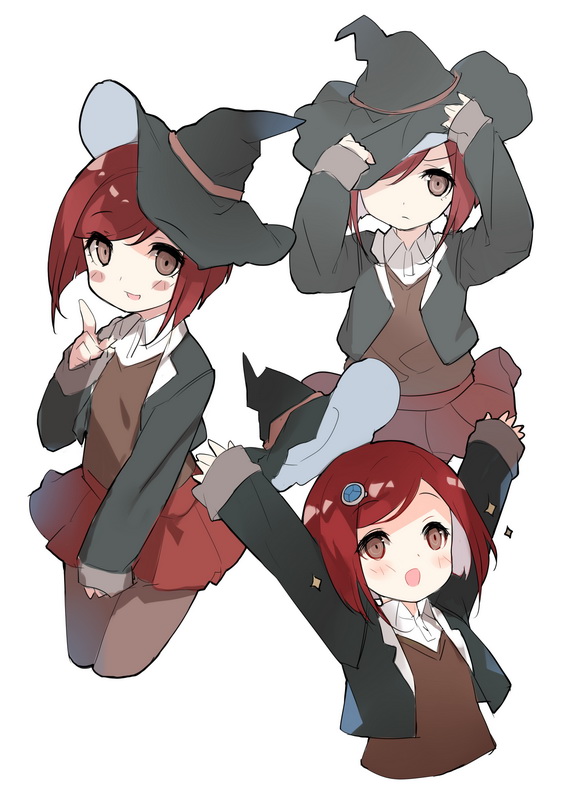 1girl blush brown_eyes dangan_ronpa hat hat_tug long_sleeves looking_at_viewer new_dangan_ronpa_v3 outstretched_arms pantyhose pleated_skirt redhead saru school_uniform short_hair skirt smile sparkle witch_hat yumeno_himiko