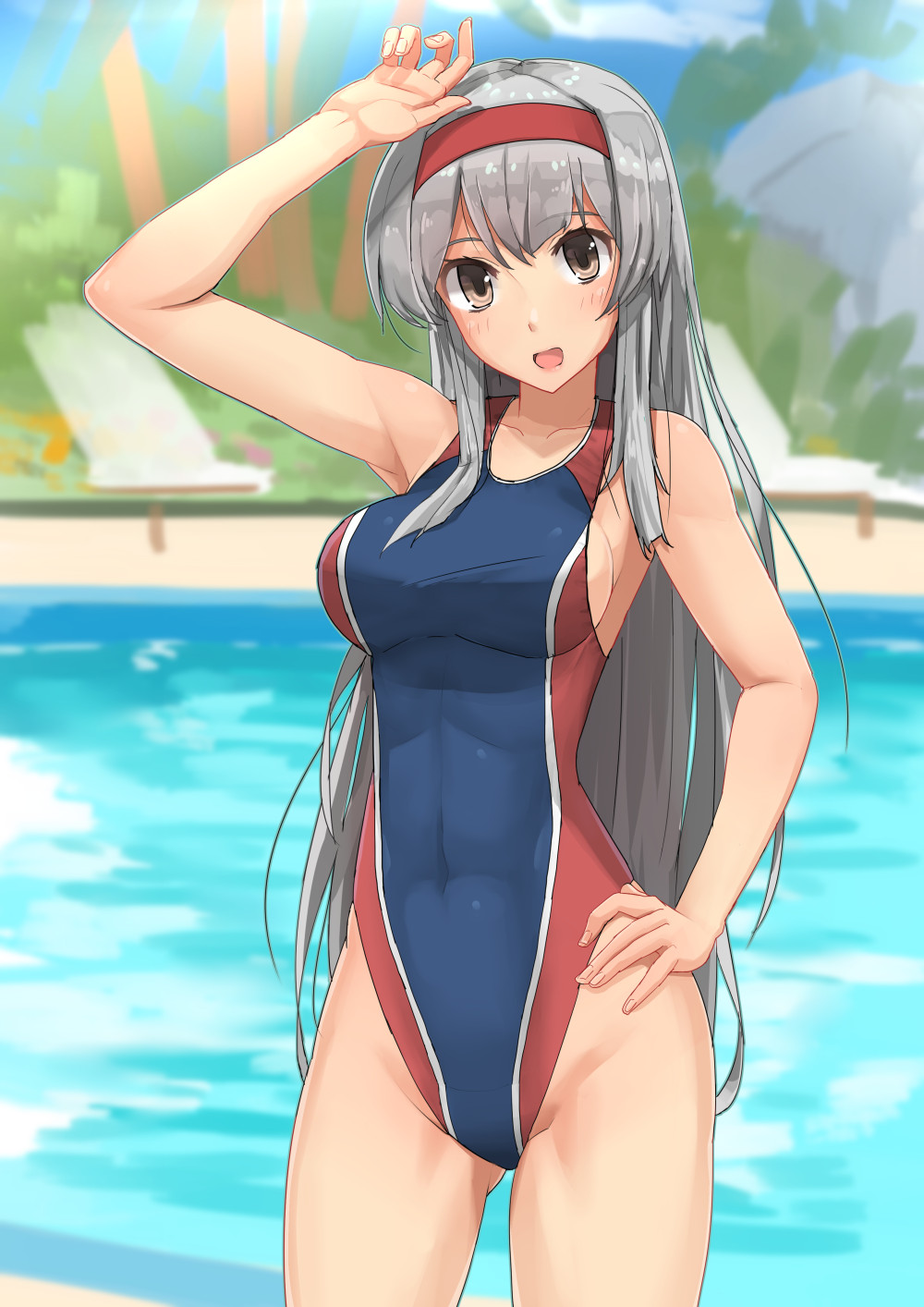 1girl alternate_costume armpits arms_up brown_eyes competition_swimsuit cowboy_shot hairband hand_on_hip highleg highleg_swimsuit highres kantai_collection long_hair looking_at_viewer one-piece_swimsuit open_mouth pool shoukaku_(kantai_collection) silver_hair soil_chopsticks solo swimsuit water