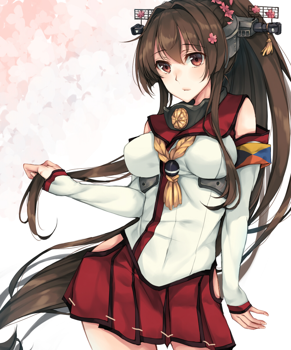 1girl bare_shoulders breasts brown_eyes brown_hair cherry_blossoms detached_sleeves eyebrows_visible_through_hair fingernails headgear highres hip_vent holding holding_hair kantai_collection long_hair looking_at_viewer medium_breasts petals pleated_skirt ponytail radar_hair_ornament red_skirt rinarisa skirt sleeves_past_wrists solo very_long_hair yamato_(kantai_collection) zulu_(naval_flag)