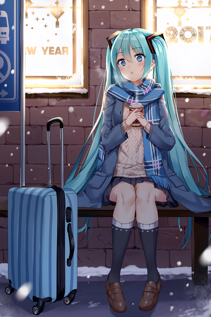 1girl 2017 :o aqua_eyes aqua_hair aran_sweater bangs black_legwear black_skirt blue_coat blue_eyes blue_scarf blush brick_wall bus_stop chinese chinese_new_year closed_mouth coat full_body hatsune_miku holding kneehighs loafers long_hair long_sleeves mamemena miniskirt motion_blur new_year open_clothes open_coat outdoors plaid plaid_scarf pleated_skirt pocket road_sign rolling_suitcase scarf shoes sign sitting skirt snowing solo steam suitcase sweater tassel twintails unbuttoned very_long_hair vocaloid waiting white_sweater