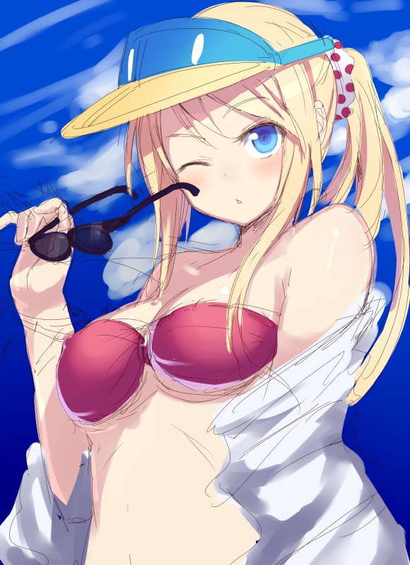 1girl bangs bare_shoulders bikini blonde_hair blue_sky blush breasts cleavage clouds cloudy_sky eyebrows_visible_through_hair hair_ornament hair_scrunchie hirasato holding holding_sunglasses long_hair looking_at_viewer medium_breasts one_eye_closed original outdoors parted_lips ponytail scrunchie shirt_pull sketch sky solo sunglasses swimsuit upper_body visor_cap