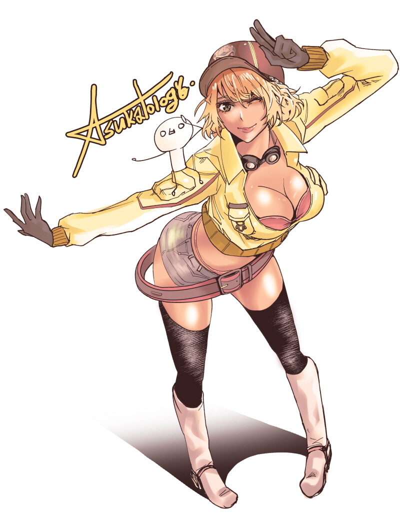 1girl ;) artist_name asukatology baseball_cap belt bikini bikini_under_clothes black_gloves black_legwear blonde_hair boots breasts cidney_aurum cleavage cropped_jacket final_fantasy final_fantasy_xv full_body gloves goggles goggles_around_neck hat jacket knee_boots large_breasts leaning_forward lips midriff one_eye_closed pigeon-toed red_bikini salute short_hair short_shorts shorts smile solo swimsuit tan thigh-highs two-finger_salute yellow_jacket