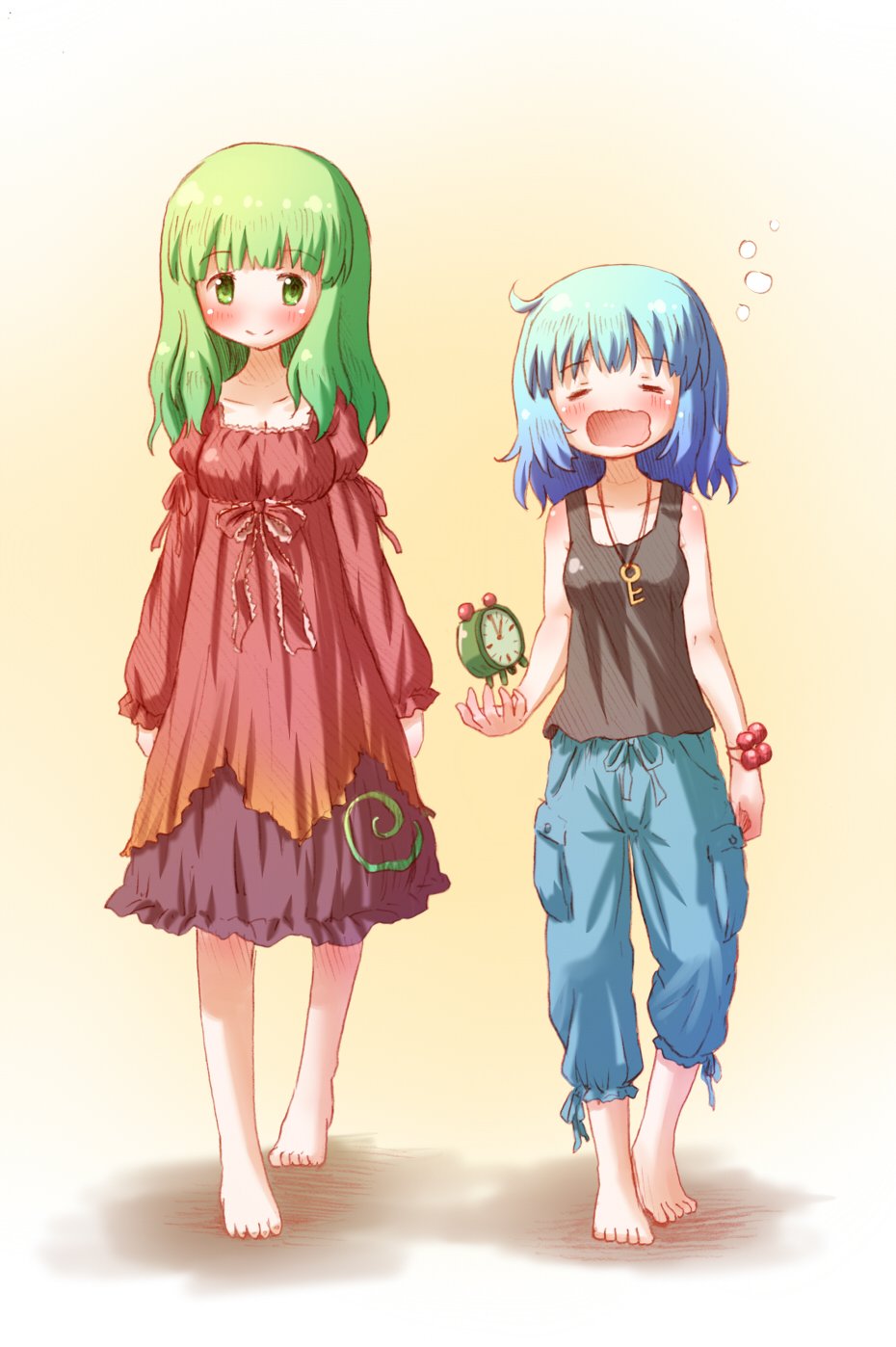 2girls alarm_clock alternate_costume alternate_hair_color arinu bangs bare_shoulders barefoot blue_eyes blue_pants blush breasts clock closed_eyes closed_mouth collarbone drawstring dress eyebrows_visible_through_hair frilled_ribbon frills full_body gradient_dress green_eyes green_hair hair_bobbles hair_down hair_ornament highres kagiyama_hina kawashiro_nitori key key_necklace long_hair long_sleeves multiple_girls open_mouth pants pocket red_ribbon ribbon short_hair sleepy sleeveless tank_top touhou walking yawning