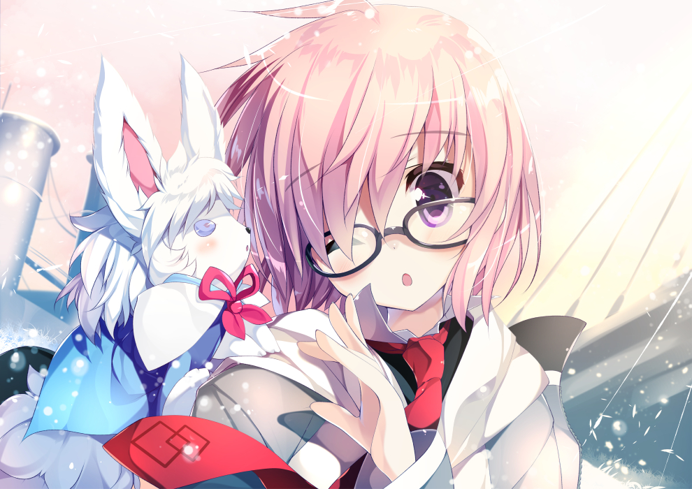 1girl ;o animal animal_ears animal_on_shoulder bangs black-framed_eyewear collared_shirt commentary_request creature day eyebrows_visible_through_hair fate/grand_order fate_(series) female fou_(fate/grand_order) glasses hair_between_eyes hand_up head_tilt hood hoodie lavender_hair looking_to_the_side necktie one_eye_closed outdoors pink_hair red_necktie shielder_(fate/grand_order) shimesaba_kohada shiny shiny_hair shirt short_hair snowing solo sunlight tower upper_body violet_eyes wind