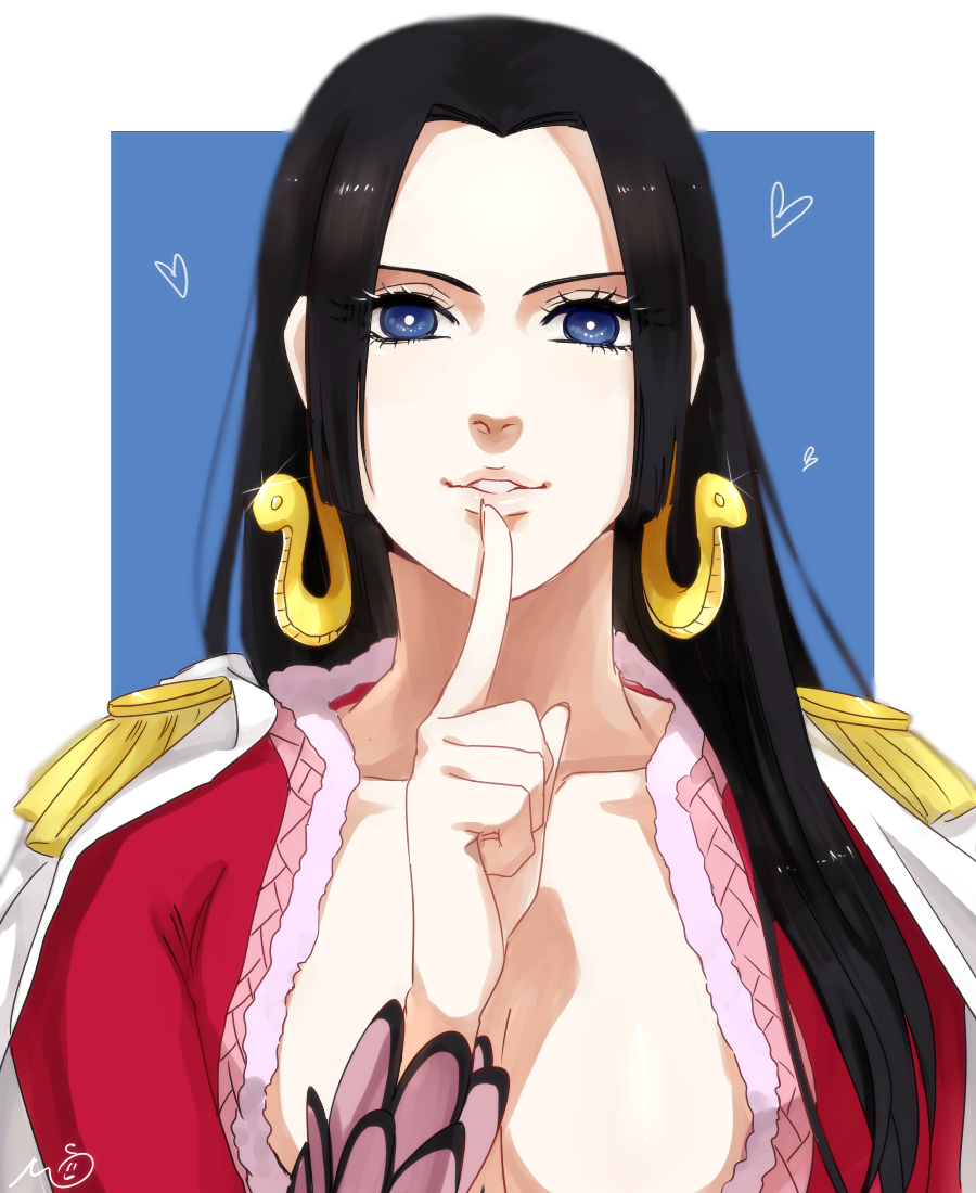 1girl black_hair blue_eyes boa_hancock breasts cleavage earrings finger_to_mouth heart jewelry large_breasts long_hair looking_at_viewer may_c one_piece smile solo upper_body