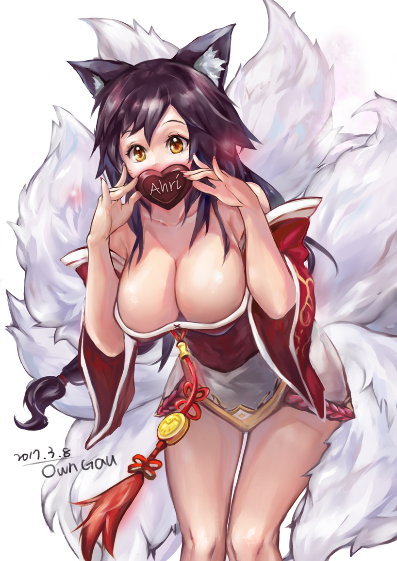 1girl ahri animal_ears artist_name bare_shoulders black_hair blush breasts chocolate chocolate_heart cleavage collarbone covering_mouth cowboy_shot dated detached_sleeves erementa fox_ears fox_tail heart korean_clothes large_breasts league_of_legends leaning_forward long_hair looking_at_viewer multiple_tails sidelocks solo standing tail whisker_markings wide_sleeves yellow_eyes