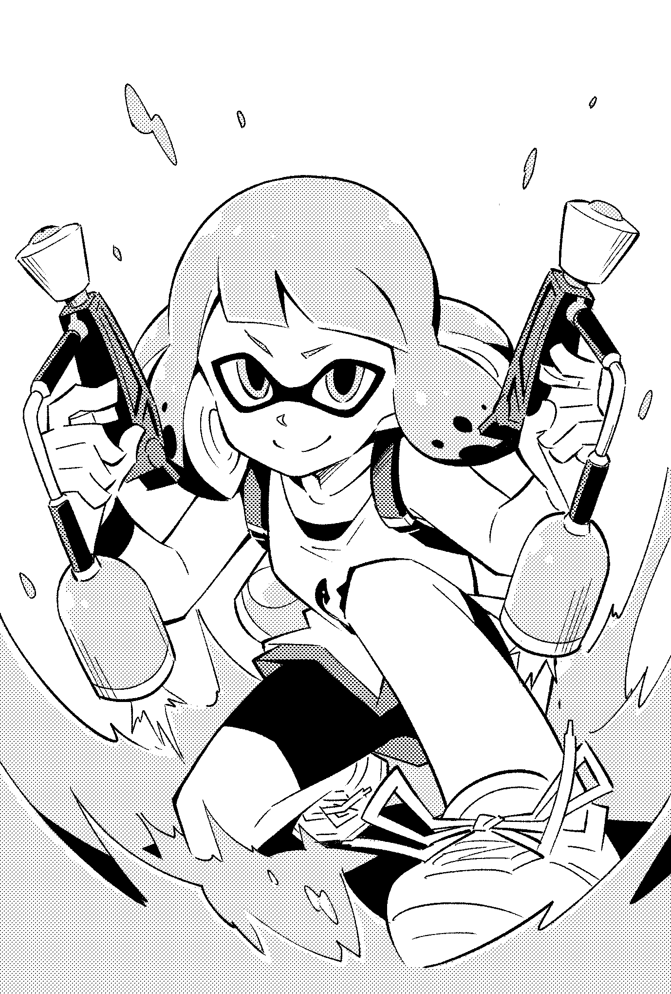 1girl anbe_masahiro bangs bike_shorts blunt_bangs closed_mouth commentary domino_mask dual_wielding full_body greyscale halftone highres ink_tank_(splatoon) looking_at_viewer mask monochrome one_knee paint_splatter shoes short_hair smile sneakers solo splat_dualies_(splatoon) splatoon splatoon_2 tank_top tentacle_hair