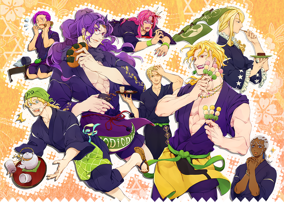 6+boys abs apron bandanna blonde_hair blood blood_from_mouth blood_on_face blue_eyes cup dango dark_skin dark_skinned_male diavolo diego_brando dinosaur_tail dio_brando earrings eating enrico_pucci food funny_valentine glasses hand_on_head hands_clasped high_ponytail horns japanese_clothes jewelry jojo_no_kimyou_na_bouken kars_(jojo) kira_yoshikage lipstick makeup meng_bu_chong multiple_boys muscle pink_hair polka_dot_hair purple_lipstick red_eyes scary_monsters_(stand) seiza sitting sparkle stand_(jojo) steel_ball_run table takoyaki tasuki teapot tray vinegar_doppio violet_eyes wagashi waist_apron white_hair zouri